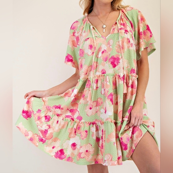 Easel Floral Knit Popcorn Tiered Dress #496-501 - Picture 1 of 12